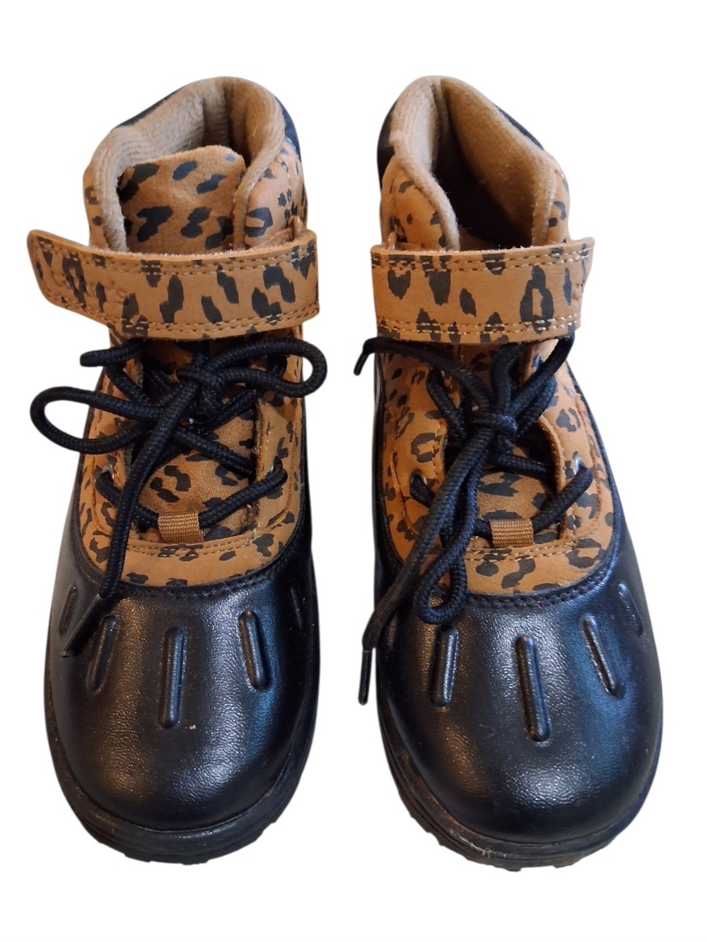 Kids Leopard Print Black & Tan Lace-Up Boots